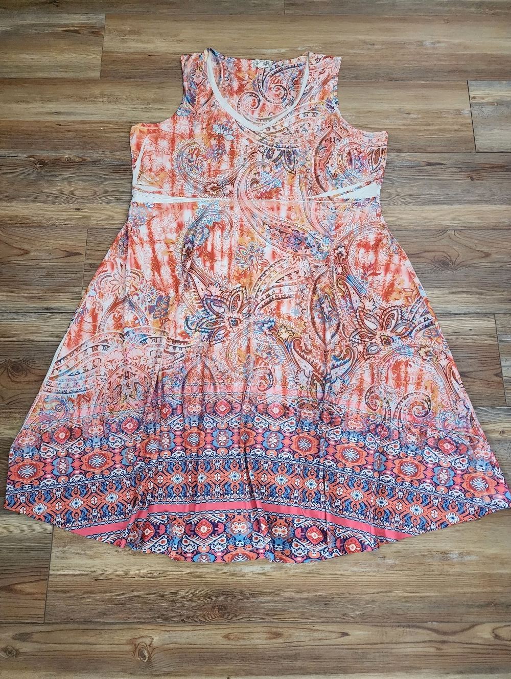 One World Dress Women's 2X Orange Multi-Paisley Sleeveless Midi
